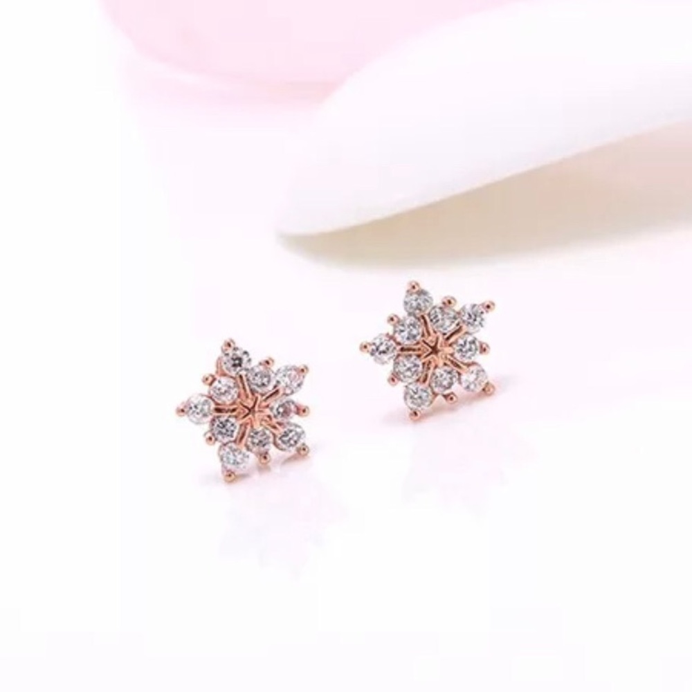 925 Sterling Silver CZ Rose Gold Snowflake Studs